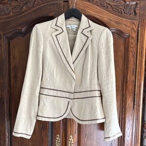 Zara Cream Linen Fitted Blazer with Brown Trim